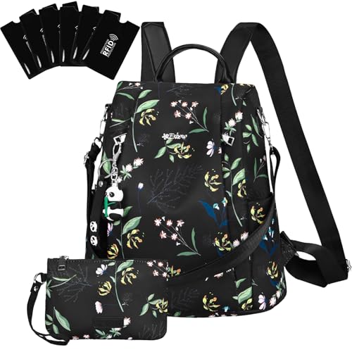 Eshow Rucksack Damen Klein, Anti-Diebstahl Kleiner Cityrucksack Tagesrucksack Elegant, 3 in 1 Rucksacktasche mit Clutchbag & RFID Blocker Modern für Pendeln Schule Arbeit Reise Schwarz von Eshow