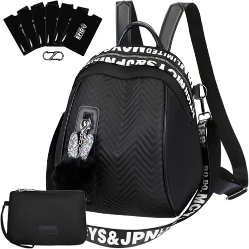 Eshow Rucksack Damen Klein, Kleiner Cityrucksack Tagesrucksack Elegant, 3-in-1 Anti-Diebstahl Rucksacktasche mit RFID Blocker, Clutchbag & Karabiner Modern für Pendeln Schule Arbeit Reise Schwarz von Eshow