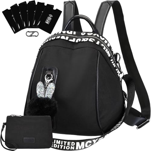 Eshow Rucksack Damen Klein, Kleiner Cityrucksack Tagesrucksack Elegant, 3-in-1 Anti-Diebstahl Rucksacktasche mit RFID Blocker, Clutchbag & Karabiner Modern für Pendeln Schule Arbeit Reise Schwarz von Eshow