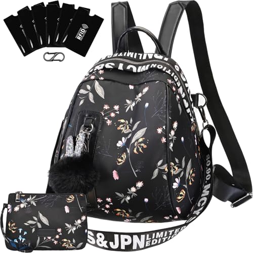 Eshow Rucksack Damen Klein, Kleiner Cityrucksack Tagesrucksack Elegant, 3-in-1 Anti-Diebstahl Rucksacktasche mit RFID Blocker, Clutchbag & Karabiner Modern für Pendeln Schule Arbeit Reise Schwarz von Eshow