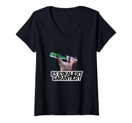 Damen Garantiert Eskaliert Party Sommer JGA Waschbär & Bier Motiv T-Shirt mit V-Ausschnitt Damen Garantiert Eskaliert Party Sommer JGA Waschbär & Bier Motiv T-Shirt mit V-Ausschnitt von Eskalation! JGA Party Sommeroutfits