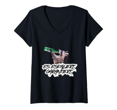 Damen Garantiert Eskaliert Party Sommer JGA Waschbär & Bier Motiv T-Shirt mit V-Ausschnitt von Eskalation! JGA Party Sommeroutfits