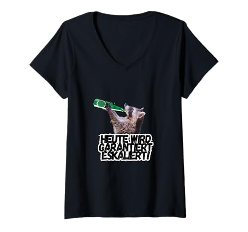 Damen Garantiert Eskaliert Party Sommer JGA Waschbär & Bier Motiv T-Shirt mit V-Ausschnitt Damen Garantiert Eskaliert Party Sommer JGA Waschbär & Bier Motiv T-Shirt mit V-Ausschnitt von Eskalation! JGA Party Sommeroutfits