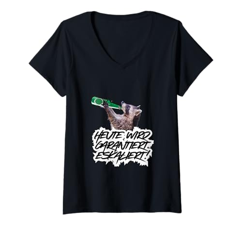 Damen Garantiert Eskaliert Party Sommer JGA Waschbär & Bier Motiv T-Shirt mit V-Ausschnitt Damen Garantiert Eskaliert Party Sommer JGA Waschbär & Bier Motiv T-Shirt mit V-Ausschnitt von Eskalation! JGA Party Sommeroutfits