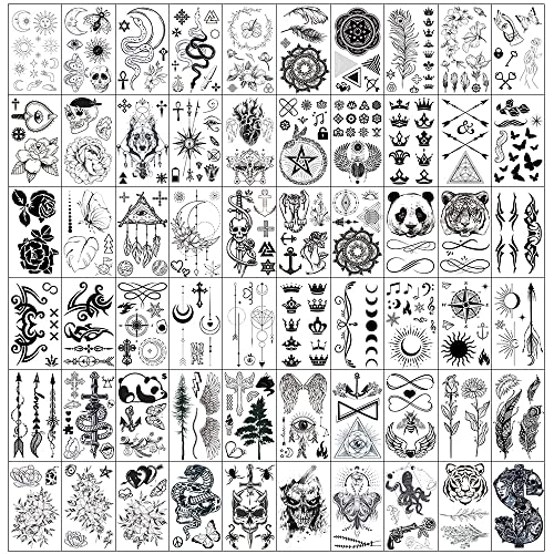 Esland 330+ realistische schwarze temporäre Tattoos für Erwachsene, 60 Stück Vintage-Skelett-Schlange-Designs, Kronen, Pfeile, Sonne-Mond-Sterne, Blumen, Schmetterling, Feder, Liebes-Tattoo-Aufkleber Esland 330+ realistische schwarze temporäre Tattoos für Erwachsene, 60 Stück Vintage-Skelett-Schlange-Designs, Kronen, Pfeile, Sonne-Mond-Sterne, Blumen, Schmetterling, Feder, Liebes-Tattoo-Aufkleber von Esland