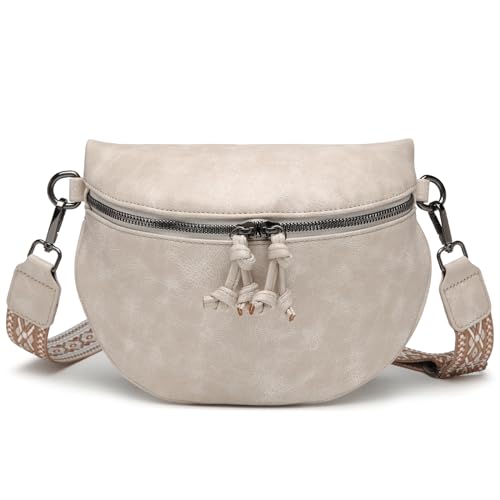 Eslcorri Bauchtasche Damen - Umhängetasche Crossbody Bag Damen Breiter Gurt Bauchtasche mit Reißverschluss Handtasche Damen PU Leder Kleine Stylisch Crossbag für Frauen für Reisen Einkaufen - Beige von Eslcorri