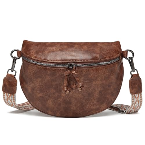 Eslcorri Bauchtasche Damen - Umhängetasche Crossbody Bag Damen Breiter Gurt Bauchtasche mit Reißverschluss Handtasche Damen PU Leder Kleine Stylisch Crossbag für Frauen für Reisen Einkaufen - Braun von Eslcorri