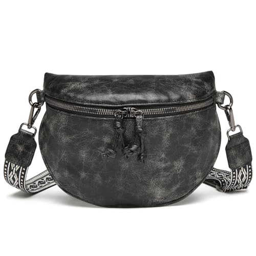 Eslcorri Bauchtasche Damen - Umhängetasche Crossbody Bag Damen Breiter Gurt Bauchtasche mit Reißverschluss Schwarz Handtasche Damen PU Leder Kleine Stylisch Crossbag für Frauen für Reisen Einkaufen von Eslcorri