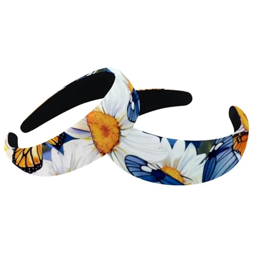 2 Stück Samt Breite Stirnbänder für Frauen Blau Schmetterlinge Gänseblümchen Blumen Muster Zubehör Gepolsterte Stirnbänder Schönheit Haarbänder Mädchen Dicke Haarbänder von Eslifey