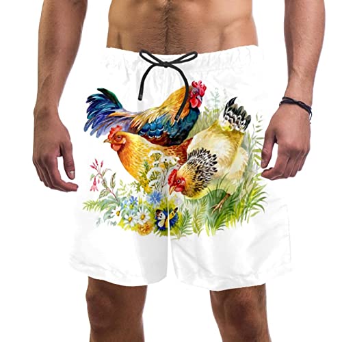 Eslifey Badehose mit Huhn und Hahn im Gras, elastisch, für Herren, multi, XXL von Eslifey