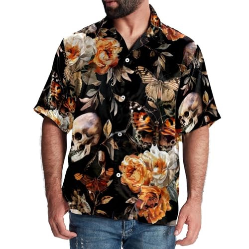Eslifey Herren Button Up Hemd mit kurzen Ärmeln Skull Hawk Moth Rose Blumenmuster, mehrfarbig, S von Eslifey