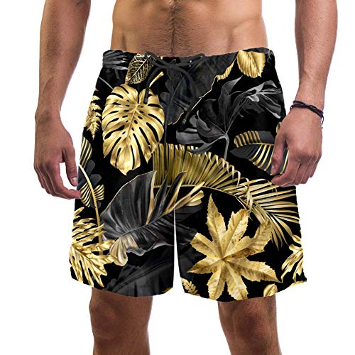 Eslifey Herren Strand-Shorts, Gold und Schwarz, tropische Blätter, exotische botanische Palmen, Badehose, elastische Badehose, Boardshorts für Herren Gr. S 7-9, multi von Eslifey