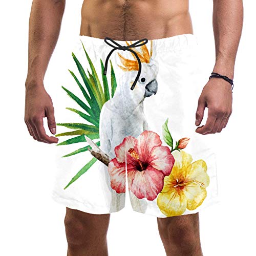 Eslifey Herren Strandshorts Tropische Blumen Weiß Papagei Badehose Elastischer Badeanzug Boardshorts für Herren Gr. L/XL, multi von Eslifey
