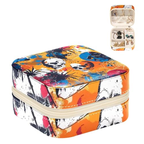 Eslifey Tragbare Mini-Schmuckschatulle für Reisen, Totenköpfe, Spinnennetz-Muster, kleines Schmucketui für Damen, Leder-Ring-Organizer von Eslifey