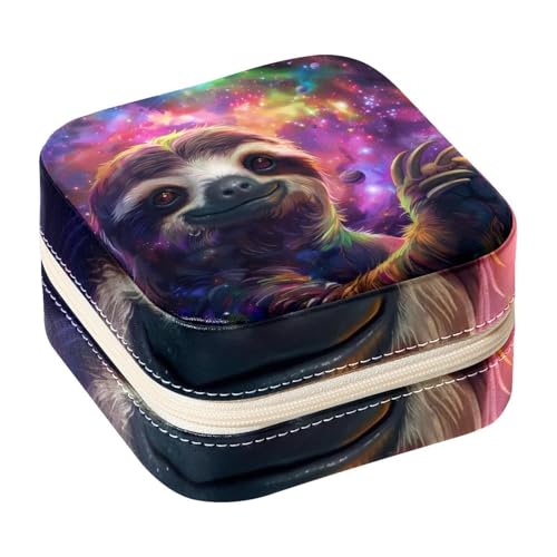 Eslifey Tragbare Mini-Schmuckschatulle für Reisen, buntes Galaxie-Faultier-Design, kleines Schmucketui für Damen, Leder-Ring-Organizer von Eslifey