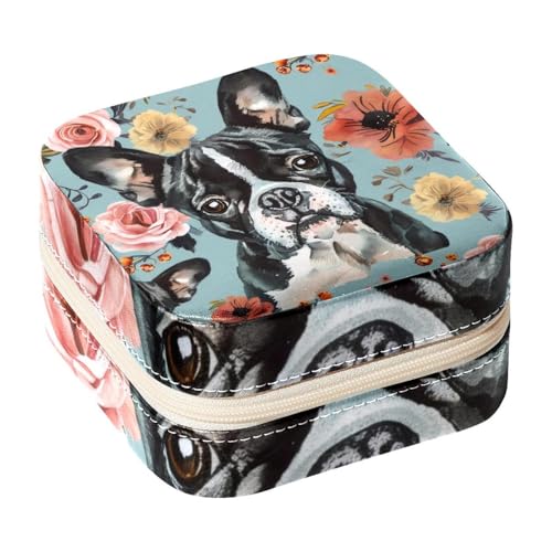 Eslifey Tragbare Mini-Schmuckschatulle für unterwegs, Boston Terrier, Blumenmuster, kleines Schmuckkästchen für Damen, Leder-Ring-Organizer von Eslifey