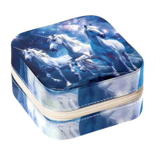 Eslifey Tragbare Mini-Schmuckschatulle mit Einhörnern in blauer Galaxie, kleines Schmucketui für Damen, Leder-Ring-Organizer von Eslifey