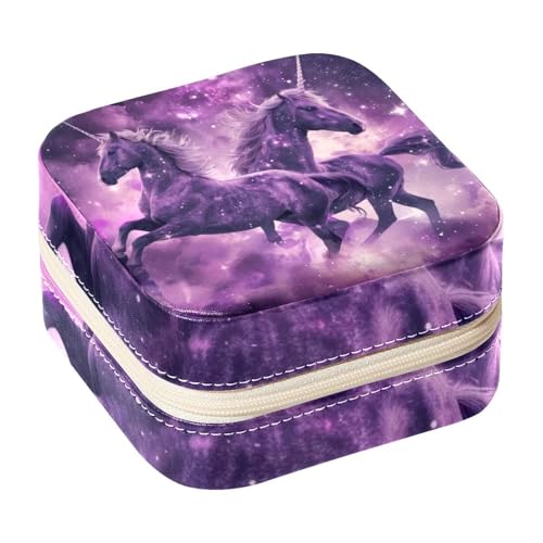 Eslifey Tragbare Mini-Schmuckschatulle mit Einhörnern in violetter Galaxie, kleines Schmucketui für Damen, Leder-Ring-Organizer von Eslifey