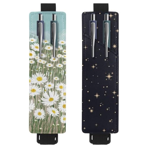 Eslifey Tragbarer Stifthalter, Motiv: Blühende Gänseblümchen, blauer Himmel, Stifteetui für 2 oder 3 Stifte, verstellbares Gummiband, abnehmbar, 2 Stück, Multi 14, 6.1x1.8in/15.4x4.6cm von Eslifey
