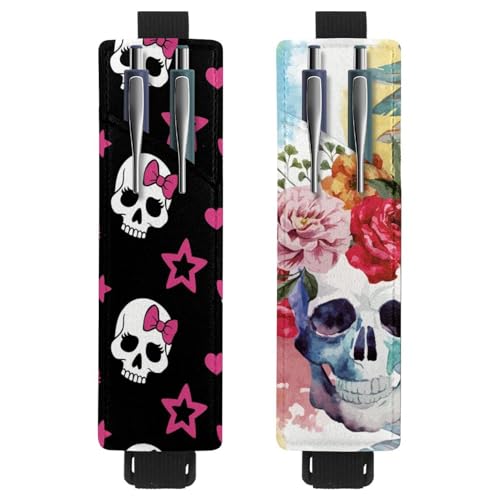 Eslifey Tragbarer Stifthalter, gruseliger Totenkopf-Stiftehalter, Stifteetui für 2 oder 3 Stifte, verstellbares Gummiband, abnehmbar, 2 Stück, Mehrfarbig 7, 6.1x1.8in/15.4x4.6cm von Eslifey