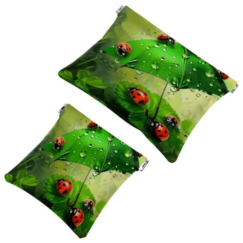 Kosmetiktasche, Marienkäfer, grüner Regenschirm, selbstschließend, ohne Reißverschluss, kleine Make-up-Tasche für Mini-Reise, Aufbewahrung für Kosmetik, Kopfhörer, Schmuck, 2 Stück, mehrfarbig, von Eslifey