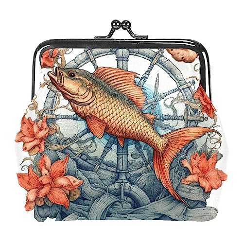 Münzgeldbörsen, Blumenanker mit Karpfen, Fisch, Münzgeldbörse, tragbare Schmucktasche mit Kissverschluss, für Damen, Mädchen, Kinder, Mehrfarbig 9, 4.3x4.7 in/11x12 cm, Münztasche von Eslifey