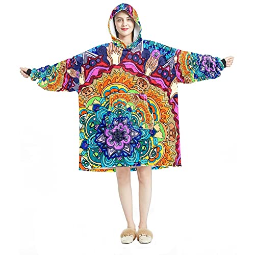 Übergroße Hoodie-Decke, Sweatshirt, Sherpa-Flanell, tragbare Decke, Hoodies mit Tasche für Erwachsene, Männer, Frauen, Trippy Mandala, Multicolor 01, One size von Eslifey