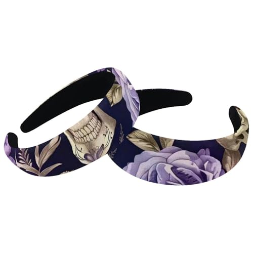 Set mit 2 breiten Samt-Haarbändern für Damen, violette Rose, Zuckerschädel, Zubehör, gepolsterte Stirnbänder, Schönheits-Haarbänder, Mädchen, dicke Haarbänder von Eslifey