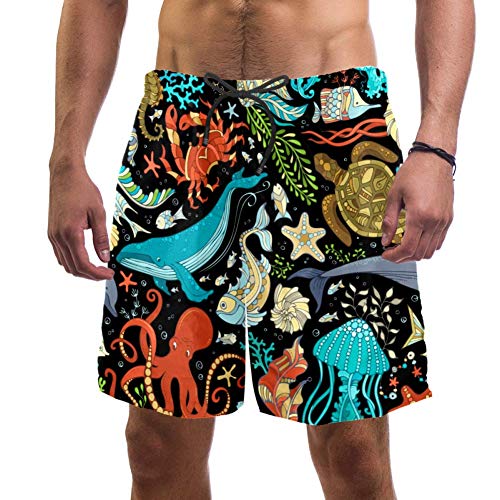 Unterwasser-Tiere, Oktopus, Wal, Delfin, Schildkröte, Fisch, Seestern, Krebse, Quallen, Seepferdchen, Badehose, elastischer Badeanzug, Boardshorts für Herren, L Gr. XXL, multi von Eslifey