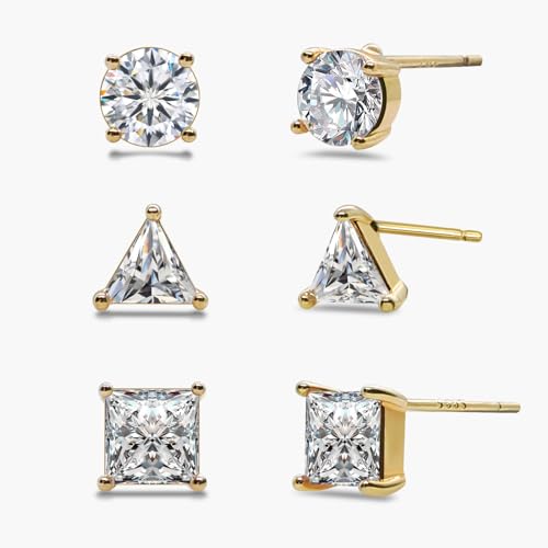 Eslinila 3 Paare 14K Gold Plattiert S925 Sterling Silber Post, Mehrere Piercing Ohrstecker Hypoallergene Leichte Ohrringe für Frauen Männer von Eslinila