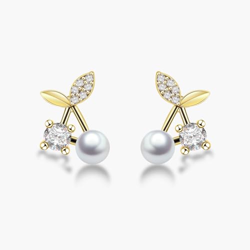 Eslinila 14K Gold Kirsche Ohrstecker Perle Diamant Ohrringe Hypoallergene Minimalistische Schmuck für Frauen von Eslinila