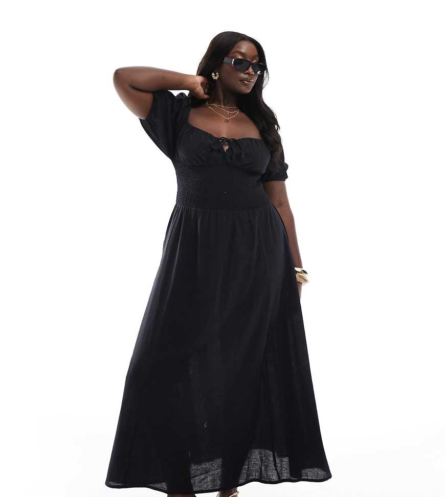 Esmée Curve - Exclusive - Maxi-Strandkleid in Schwarz mit Puffärmeln und Bindebändern vorn von Esmee Curve