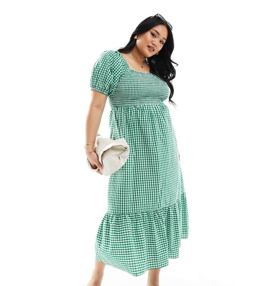 Esmée Curve - Schulterfreies Maxi-Strandkleid in Dunkelgrün mit Vichy-Karo, geraffter Brustpartie und Puffärmeln Esmée Curve - Schulterfreies Maxi-Strandkleid in Dunkelgrün mit Vichy-Karo, geraffter Brustpartie und Puffärmeln von Esmee Curve