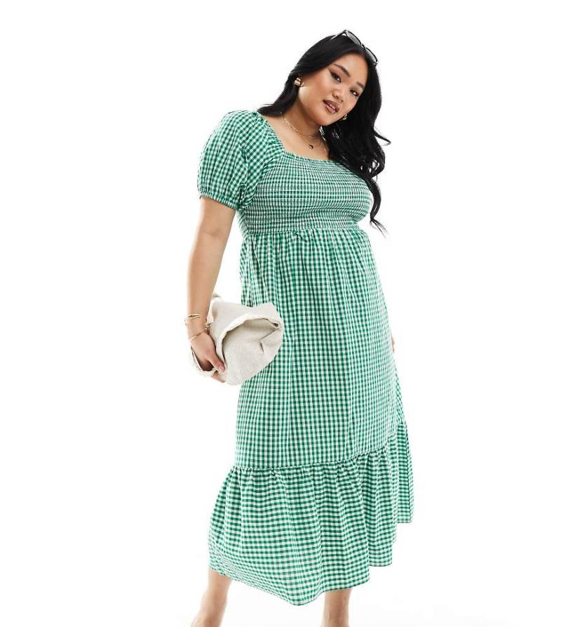 Esmée Curve - Schulterfreies Maxi-Strandkleid in Dunkelgrün mit Vichy-Karo, geraffter Brustpartie und Puffärmeln von Esmee Curve