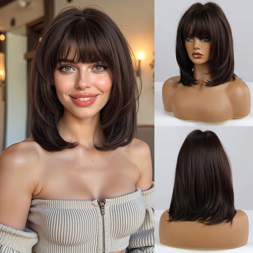 Esmee 14 Zoll Kurze Dunkelbraune Bob Perücke mit Pony Leicht Lockiges Haar Endet Natürliches Synthetisches Haar Gerade Perücken für Frauen Tägliche Party Cosplay Tragen von Esmee