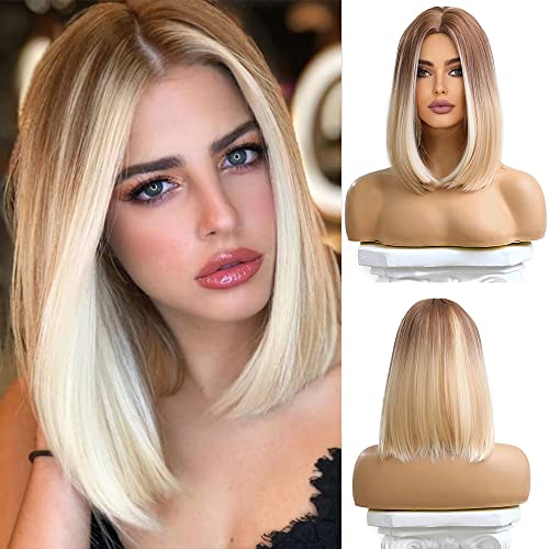 Esmee 14 Zoll Kurze Gerade Ombre Blonde Bob Perücken Synthetischem Haar mit Braun Wurzeln für Frauen Cosplay Tägliche Party Verwendung von Esmee