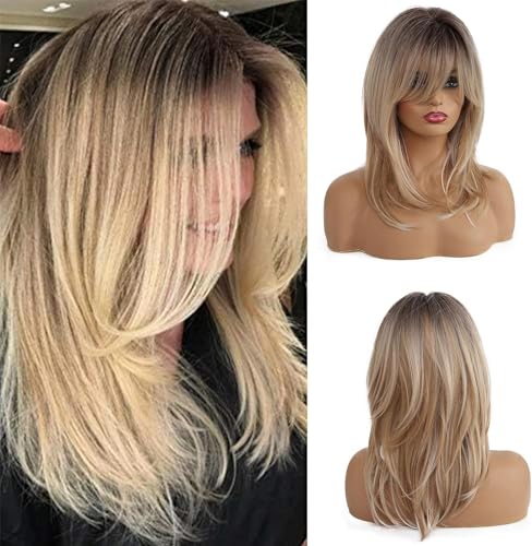 Esmee 16 Zoll Lange Gerade Haar Perücken für Frauen Ombre Farbe Schwarz bis Blond Natürlich Synthetische Hitzebeständige Perücken mit Pony von Esmee