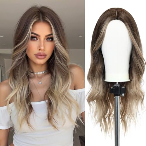 Esmee 24 Zoll Lange Kraus Synthetisches Haar Perücken für Frauen Mittleren Teilung Dunkelbraun bis Hellbraun Perücken für Tägliche Party Cosplay Verwenden von Esmee