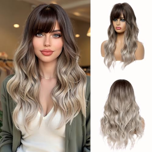 Esmee 24 Zoll Lange Lockige Haar Perücken für Frauen Ombre braun bis Grau Natürlich synthetische Haar Perücke mit Pony von Esmee