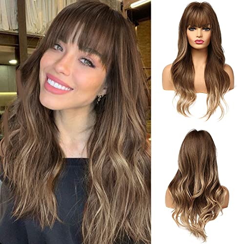 Esmee 24 Zoll Ombre Golden Brown Perücke mit Pony für Frauen synthetische Perücken lange natürliche Welle hitzebeständig Haar Perücken für tägliche Party Cosplay von Esmee