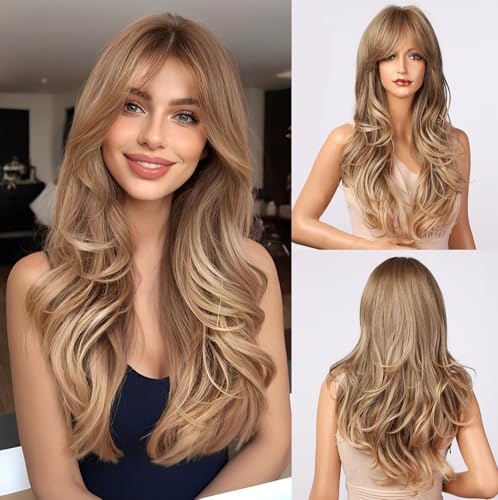 Esmee 24 Zoll Ombre Helles Aschbraun bis Blond Perücken für Frauen synthetische hitzebeständige Faser natürliche Lange Welle Perücken für Tägliche Partei Cosplay Tragen von Esmee