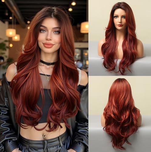 Esmee Ombre Rot Braun Perücken für Frauen Synthetische Hitzebeständige Faser Natürliche Lange Welle Perücken für Tägliche Partei Cosplay Tragen von Esmee