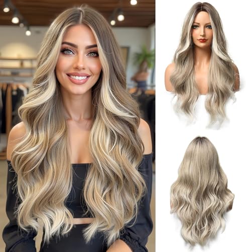 Esmee Lange Gewellte Gemischte Silberne Graue Synthetische Haarperücken für Frauen Ombre Perücke mit Dunklen Wurzeln für Tägliche Party Cosplay Verwenden von Esmee