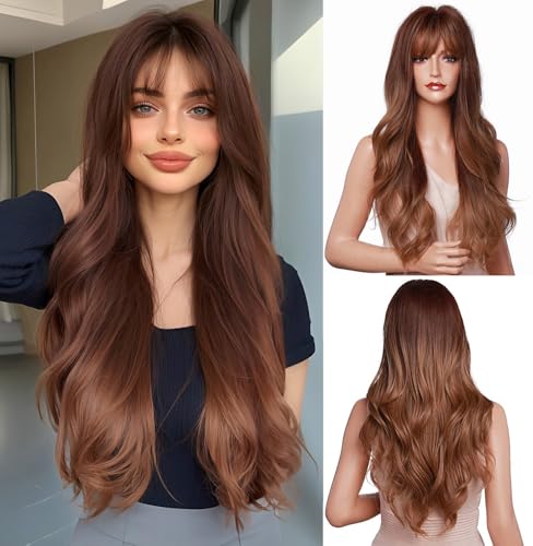 Esmee 24 Zoll lange honigbraune Ombre-Perücke mit Pony für Frauen synthetische Perücken natürliche Welle hitzebeständige Haarperücken für tägliche Party Cosplay von Esmee