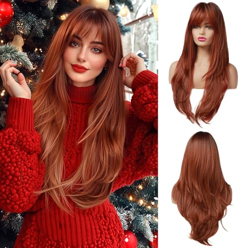 Esmee 24 Zoll Lange Gerade Rotbraun Geschichtet Natürliches Synthetisches Haar Perücken für Frauen mit Dunklen Wurzeln für Den Täglichen Gebrauch Partei von Esmee