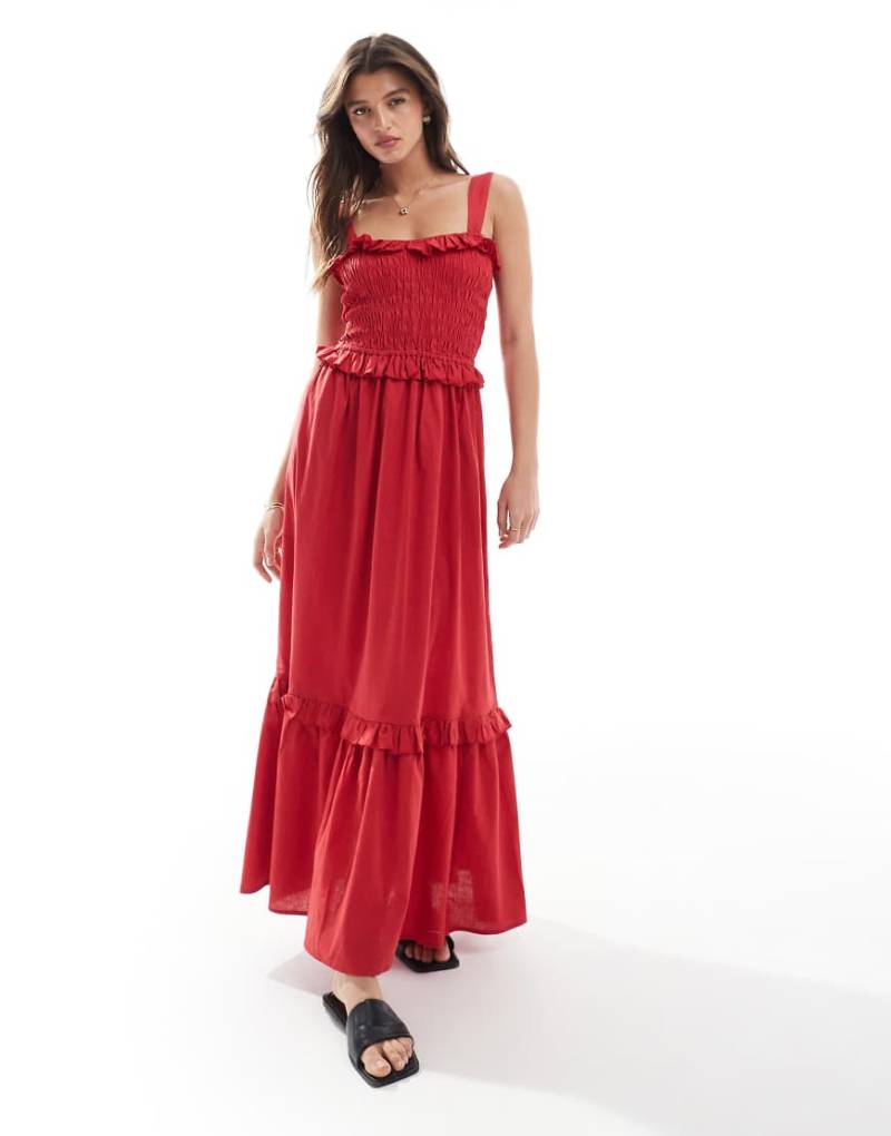 Esmée - Exclusive - Gesmoktes Maxi-Strandkleid in Rot mit Rüschenbesatz von Esmée