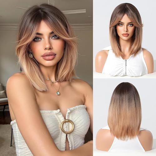 Esmee Kurz Gerade Dunkelblonde Bob Perücken Mit Vorhangfransen Schulterlange Natürliche Ombré Perücke Synthetische Alltags- & Party Cosplay Perücken für Damen von Esmee