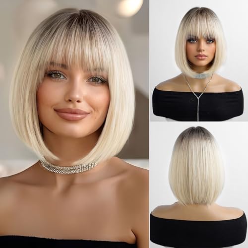 Esmee Kurze Gerade Ombre Blonde Natürliche Bob Perücken Mit Pony Schulter Länge Perücke Synthetische Cosplay Perücken für Frauen von Esmee