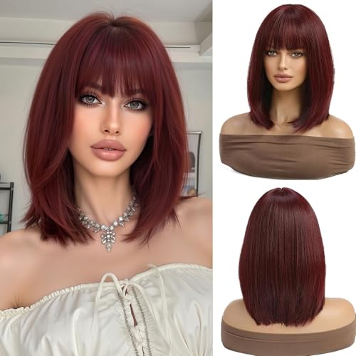 Esmee Kurze Gerade Weinrot Bob Perücken Mit Fransen Schulter Länge Burgunder Perücke Synthetische Cosplay Perücken für Frauen von Esmee