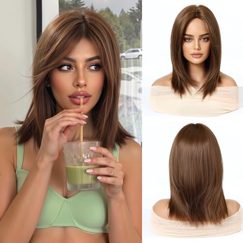 Esmee Kurze Glatte Braune Bob Perücken Mit Vorhangpony Schulterlange Natürliche Perücke Synthetik Alltags Party Cosplay Perücken für Frauen von Esmee